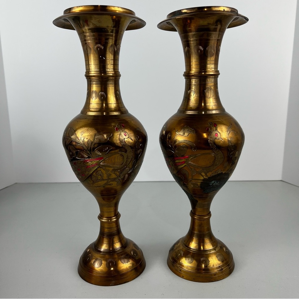 Vintage Brass Hand Etched Vases